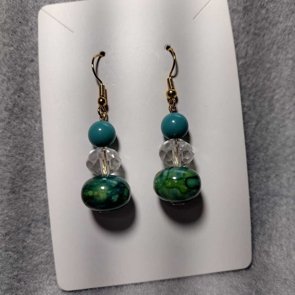 Dangle earrings, green and turquoise beads, marbled beads, gold-colored hooks